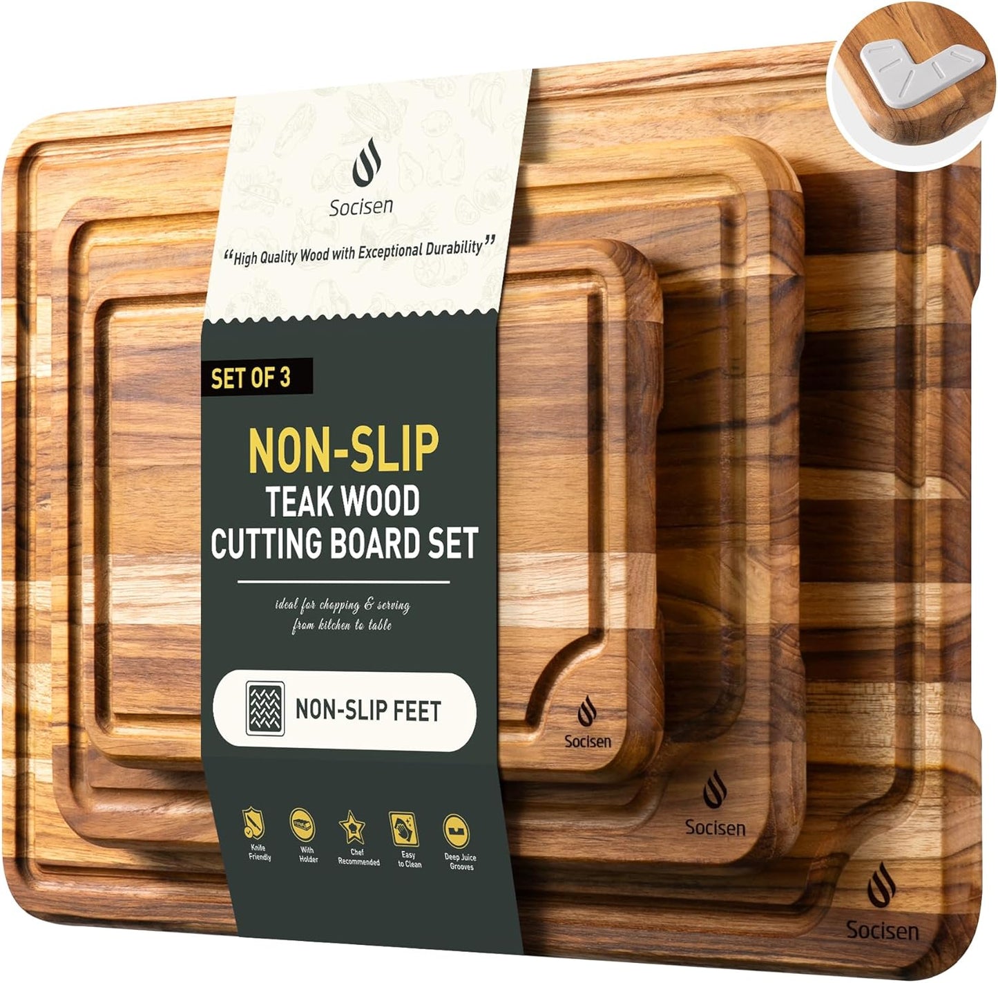 3 Pack Teak Wood Cutting Board Set for Kitchen Charcuterie Board Serving Heavy Duty Non Toxic Slip Over Sink Solid Thick Haus Wooden Chopping Board Large Big Small Meat Best Kitchen Mother Gift