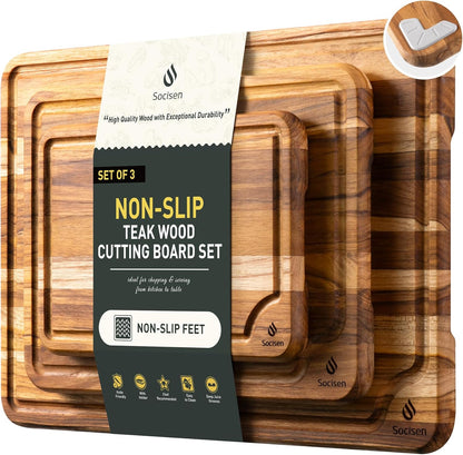 3 Pack Teak Wood Cutting Board Set for Kitchen Charcuterie Board Serving Heavy Duty Non Toxic Slip Over Sink Solid Thick Haus Wooden Chopping Board Large Big Small Meat Best Kitchen Mother Gift