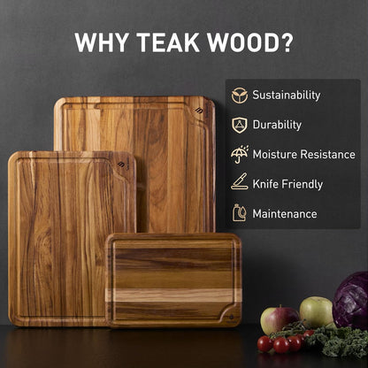 3 Pack Teak Wood Cutting Board Set for Kitchen Charcuterie Board Serving Heavy Duty Non Toxic Slip Over Sink Solid Thick Haus Wooden Chopping Board Large Big Small Meat Best Kitchen Mother Gift