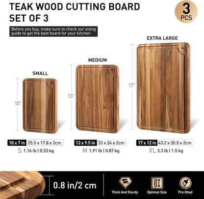 3 Pack Teak Wood Cutting Board Set for Kitchen Charcuterie Board Serving Heavy Duty Non Toxic Slip Over Sink Solid Thick Haus Wooden Chopping Board Large Big Small Meat Best Kitchen Mother Gift