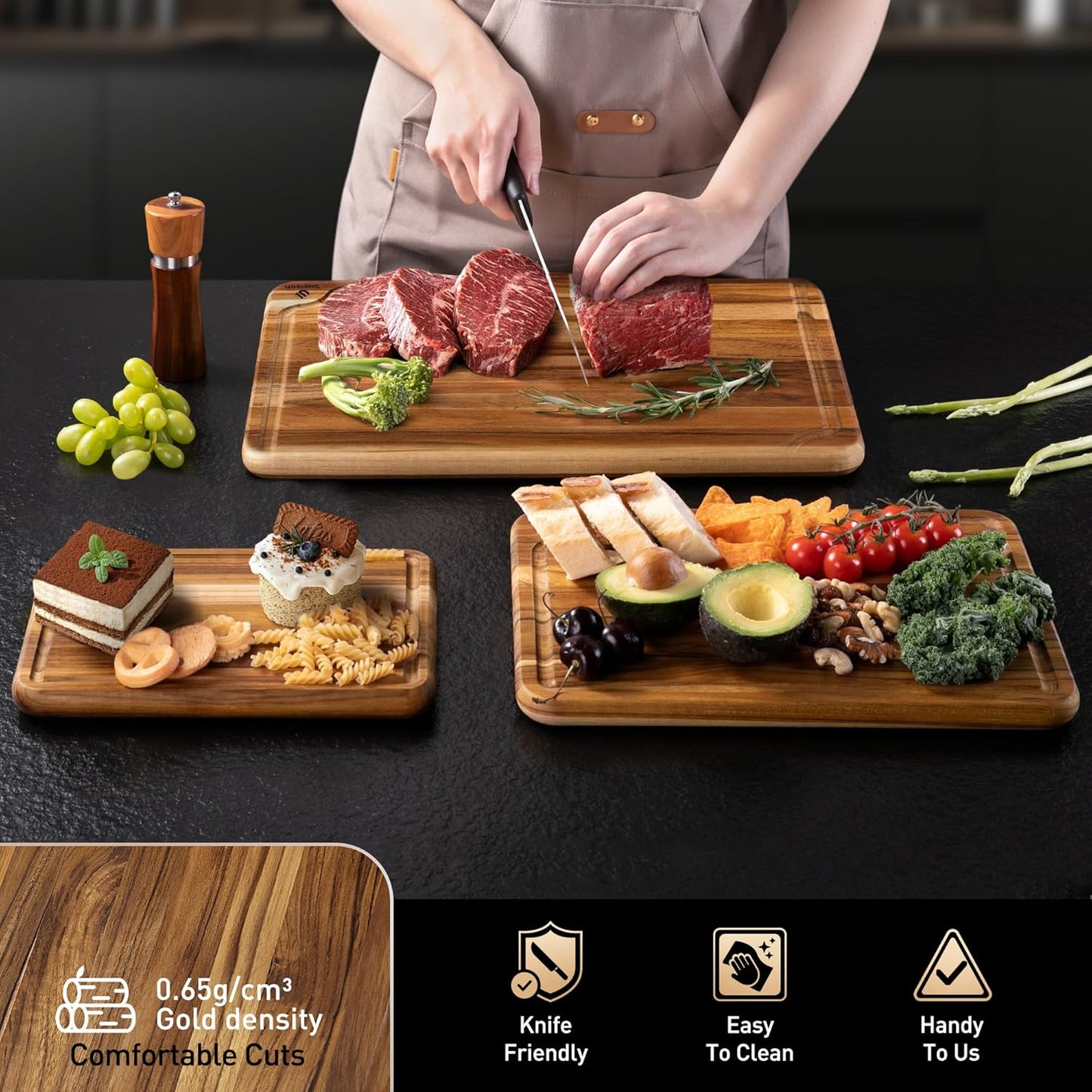3 Pack Teak Wood Cutting Board Set for Kitchen Charcuterie Board Serving Heavy Duty Non Toxic Slip Over Sink Solid Thick Haus Wooden Chopping Board Large Big Small Meat Best Kitchen Mother Gift