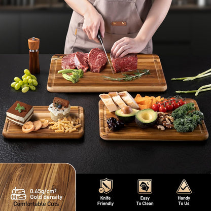 3 Pack Teak Wood Cutting Board Set for Kitchen Charcuterie Board Serving Heavy Duty Non Toxic Slip Over Sink Solid Thick Haus Wooden Chopping Board Large Big Small Meat Best Kitchen Mother Gift