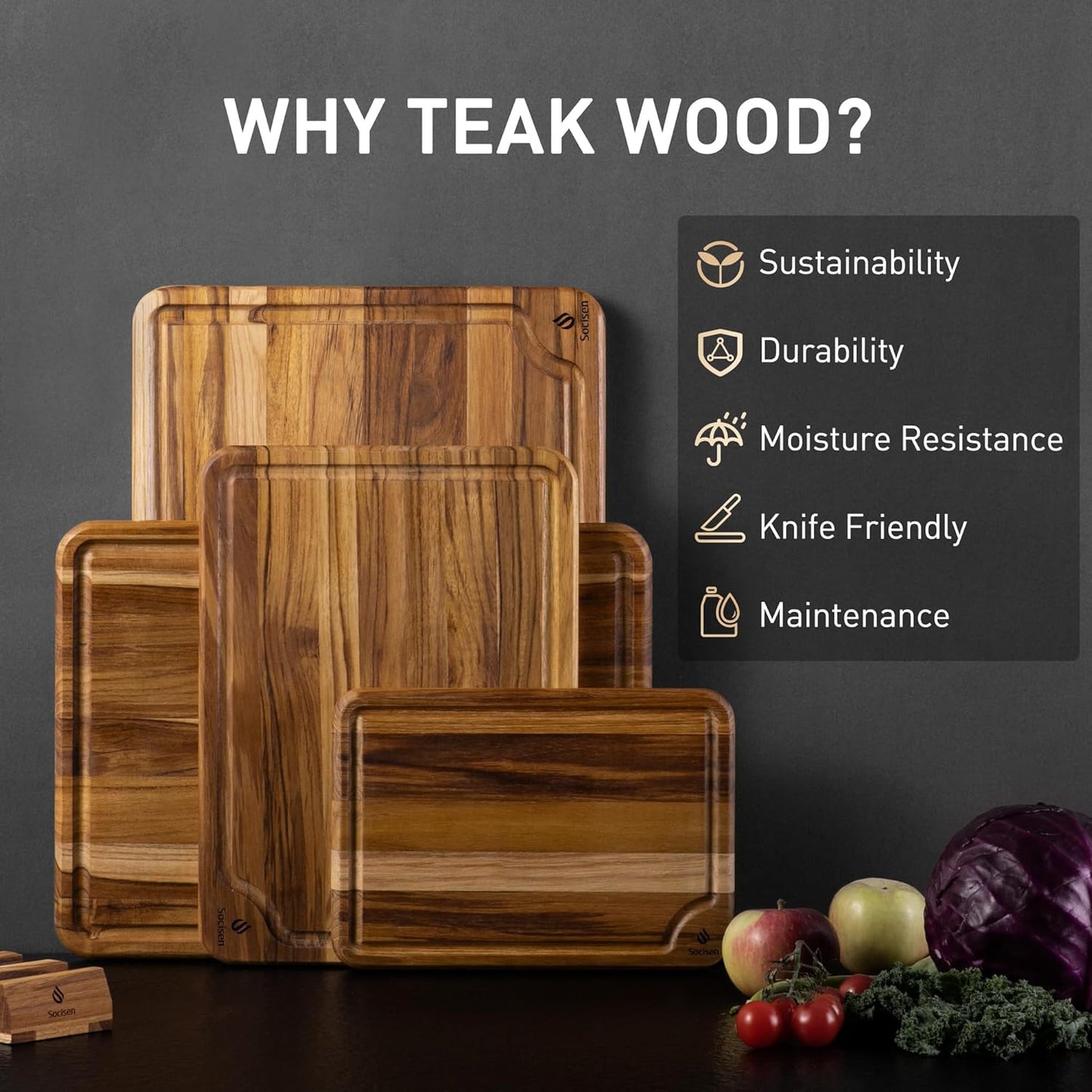 3 Pack Teak Wood Cutting Board Set for Kitchen Charcuterie Board Serving Heavy Duty Non Toxic Slip Over Sink Solid Thick Haus Wooden Chopping Board Large Big Small Meat Best Kitchen Mother Gift