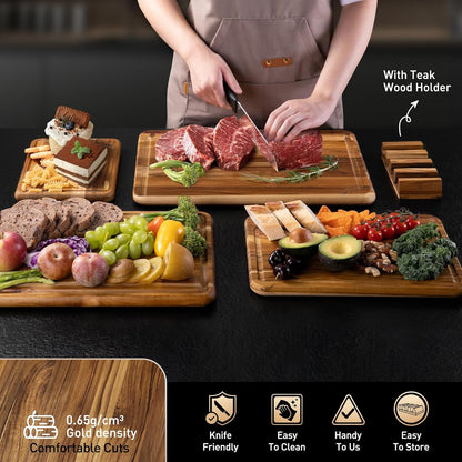 3 Pack Teak Wood Cutting Board Set for Kitchen Charcuterie Board Serving Heavy Duty Non Toxic Slip Over Sink Solid Thick Haus Wooden Chopping Board Large Big Small Meat Best Kitchen Mother Gift