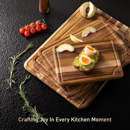 3 Pack Teak Wood Cutting Board Set for Kitchen Charcuterie Board Serving Heavy Duty Non Toxic Slip Over Sink Solid Thick Haus Wooden Chopping Board Large Big Small Meat Best Kitchen Mother Gift