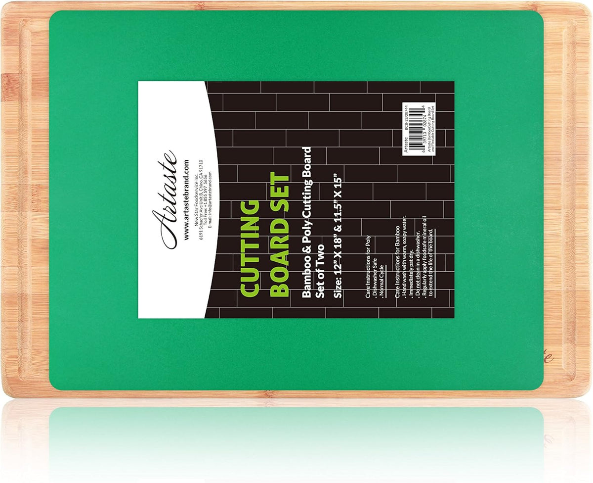 28744 Bamboo Cutting Board and Flexible Cutting Mat Set, 2-Piece Food Prep Board Set with Juice Groove, Green, 12 x 18 Inch and 11.5 x 15 Inch