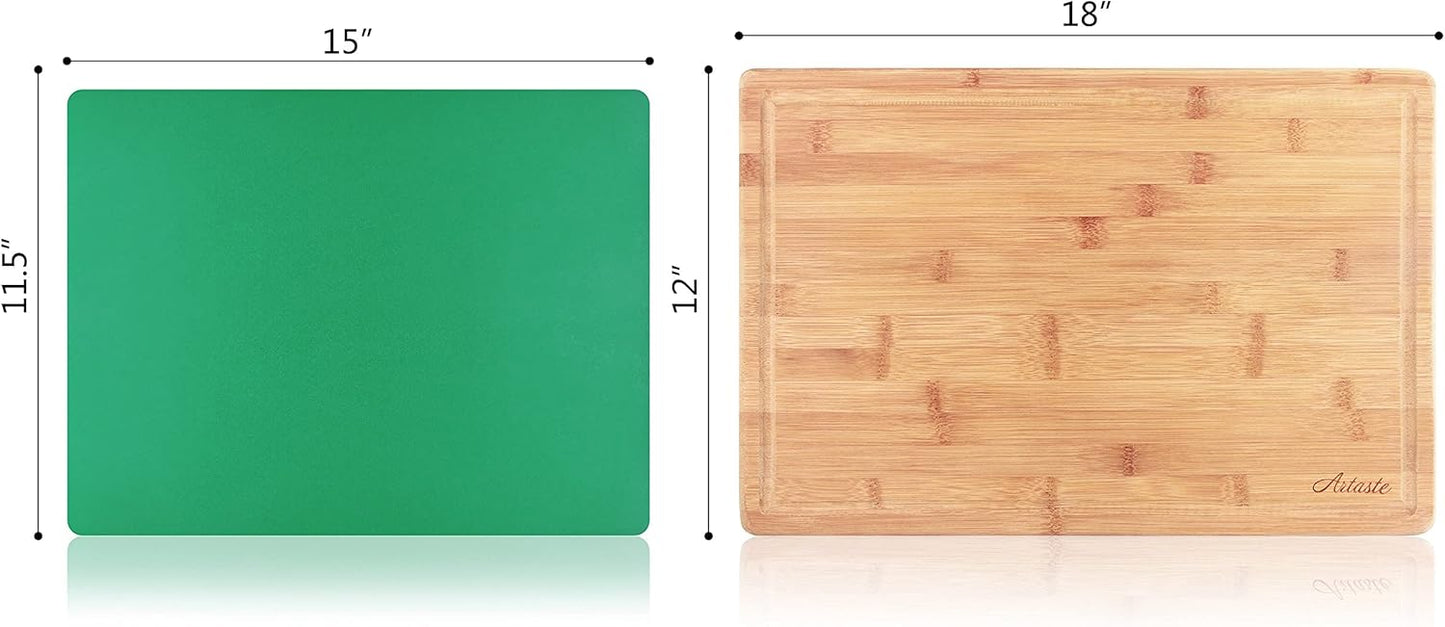 28744 Bamboo Cutting Board and Flexible Cutting Mat Set, 2-Piece Food Prep Board Set with Juice Groove, Green, 12 x 18 Inch and 11.5 x 15 Inch