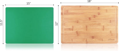 28744 Bamboo Cutting Board and Flexible Cutting Mat Set, 2-Piece Food Prep Board Set with Juice Groove, Green, 12 x 18 Inch and 11.5 x 15 Inch