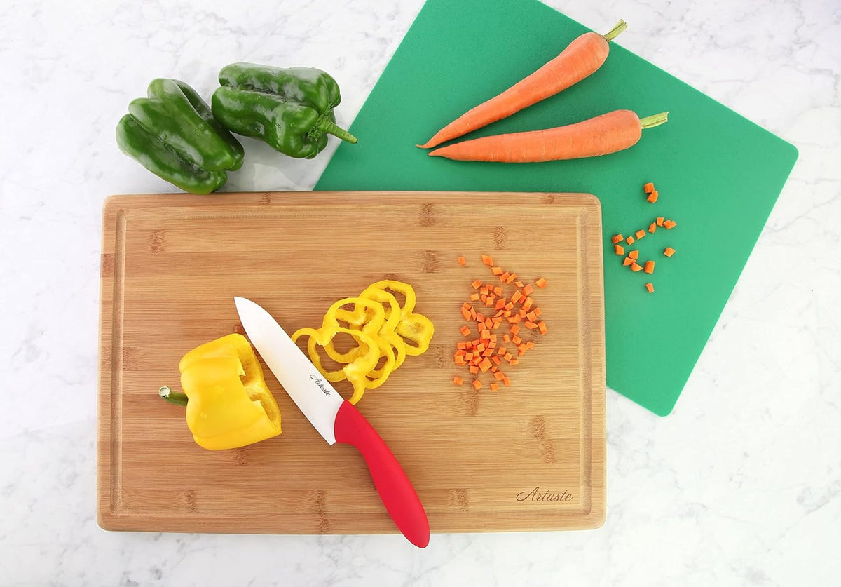 28744 Bamboo Cutting Board and Flexible Cutting Mat Set, 2-Piece Food Prep Board Set with Juice Groove, Green, 12 x 18 Inch and 11.5 x 15 Inch