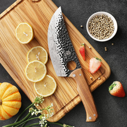 3PCS Butcher Knife Set, includes 7" Butcher Meat Cleaver, 7" Serbian Chef and 6.5" Viking Knife, Stainless Steel Kitchen Knife Set with Wood Handle, Geat for Indoor&Outdoor (Stylish Pattern)