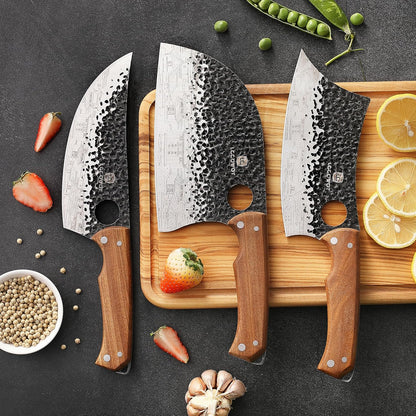 3PCS Butcher Knife Set, includes 7" Butcher Meat Cleaver, 7" Serbian Chef and 6.5" Viking Knife, Stainless Steel Kitchen Knife Set with Wood Handle, Geat for Indoor&Outdoor (Stylish Pattern)
