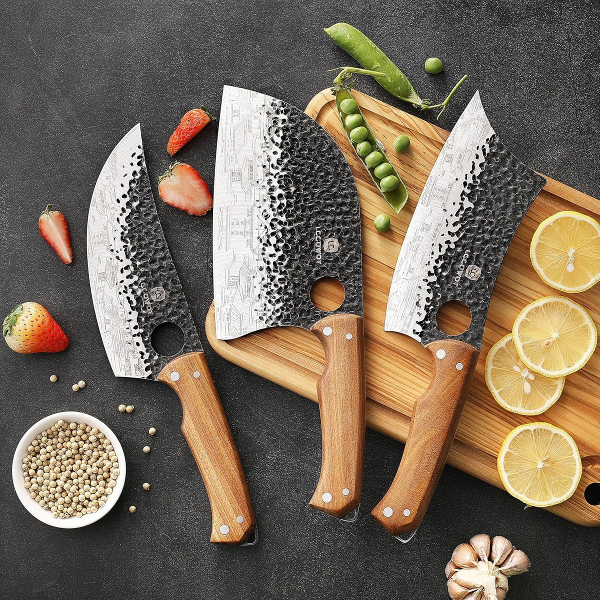 3PCS Butcher Knife Set, includes 7" Butcher Meat Cleaver, 7" Serbian Chef and 6.5" Viking Knife, Stainless Steel Kitchen Knife Set with Wood Handle, Geat for Indoor&Outdoor (Stylish Pattern)