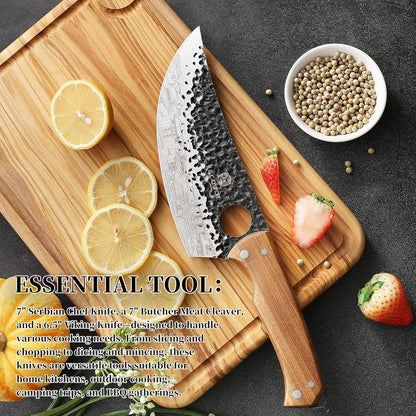 3PCS Butcher Knife Set, includes 7" Butcher Meat Cleaver, 7" Serbian Chef and 6.5" Viking Knife, Stainless Steel Kitchen Knife Set with Wood Handle, Geat for Indoor&Outdoor (Stylish Pattern)