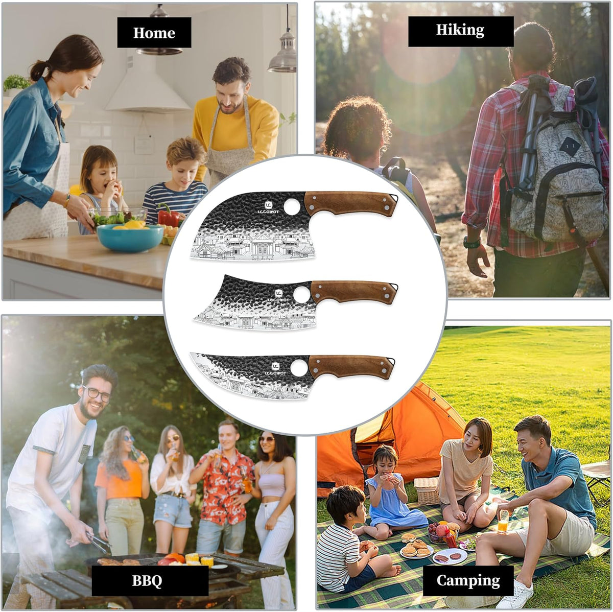 3PCS Butcher Knife Set, includes 7" Butcher Meat Cleaver, 7" Serbian Chef and 6.5" Viking Knife, Stainless Steel Kitchen Knife Set with Wood Handle, Geat for Indoor&Outdoor (Stylish Pattern)