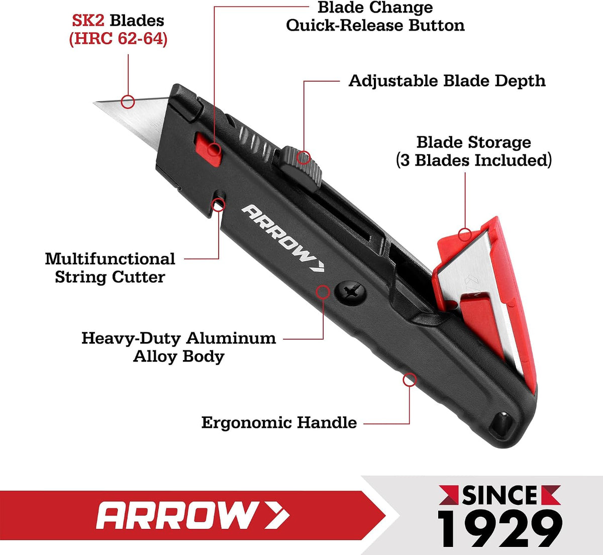 ARROW Retractable Box Cutter, Quick Change Utility Knife with 4 SK2 Blades