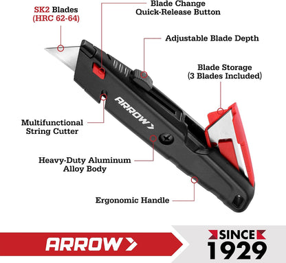 ARROW Retractable Box Cutter, Quick Change Utility Knife with 4 SK2 Blades
