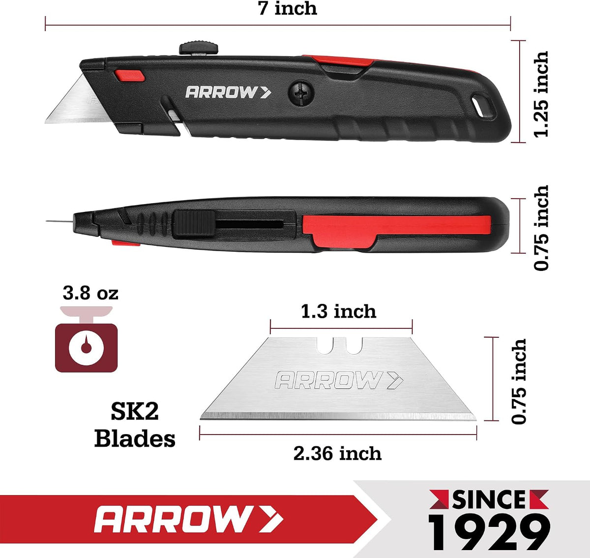 ARROW Retractable Box Cutter, Quick Change Utility Knife with 4 SK2 Blades