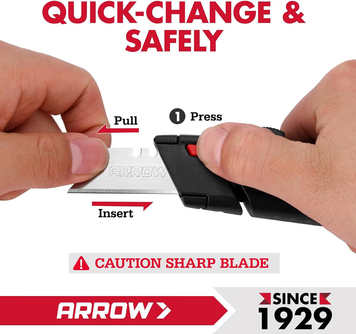 ARROW Retractable Box Cutter, Quick Change Utility Knife with 4 SK2 Blades