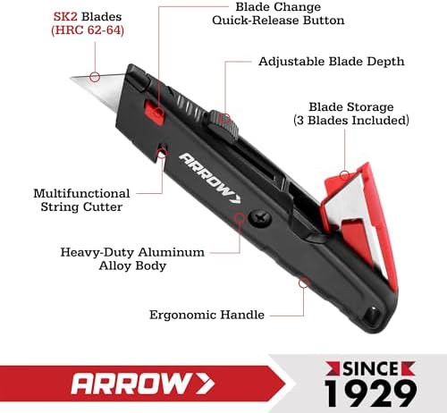 ARROW Retractable Box Cutter, Quick Change Utility Knife with 4 SK2 Blades