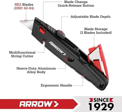 ARROW Retractable Box Cutter, Quick Change Utility Knife with 4 SK2 Blades