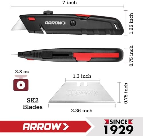 ARROW Retractable Box Cutter, Quick Change Utility Knife with 4 SK2 Blades