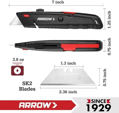 ARROW Retractable Box Cutter, Quick Change Utility Knife with 4 SK2 Blades