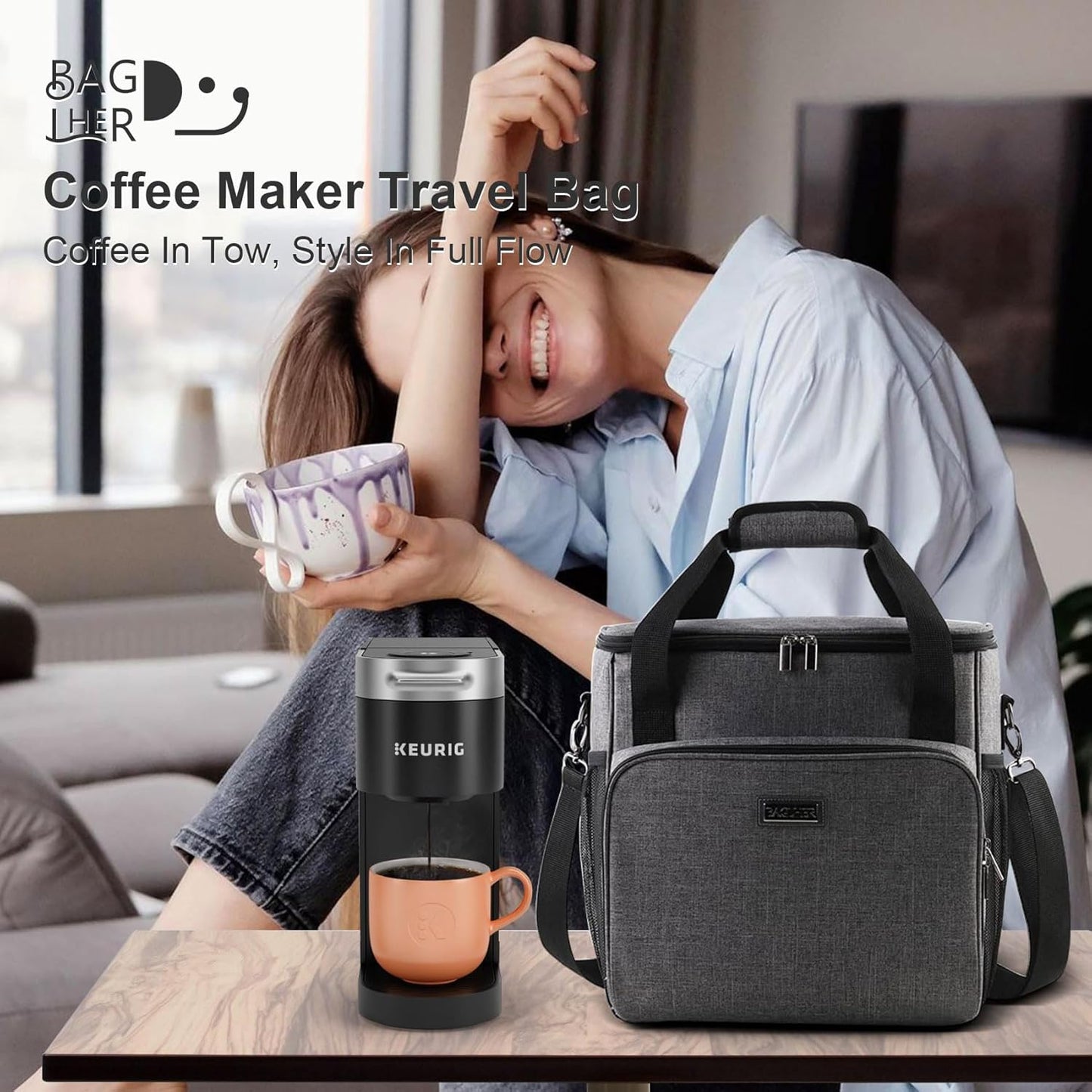 Coffee Maker Travel Bag Compatible with Keurig K-Slim, Keurig K-Supreme or Other Accessories, Portable Coffee Maker Case with Shoulder Strap for Travel, Grey