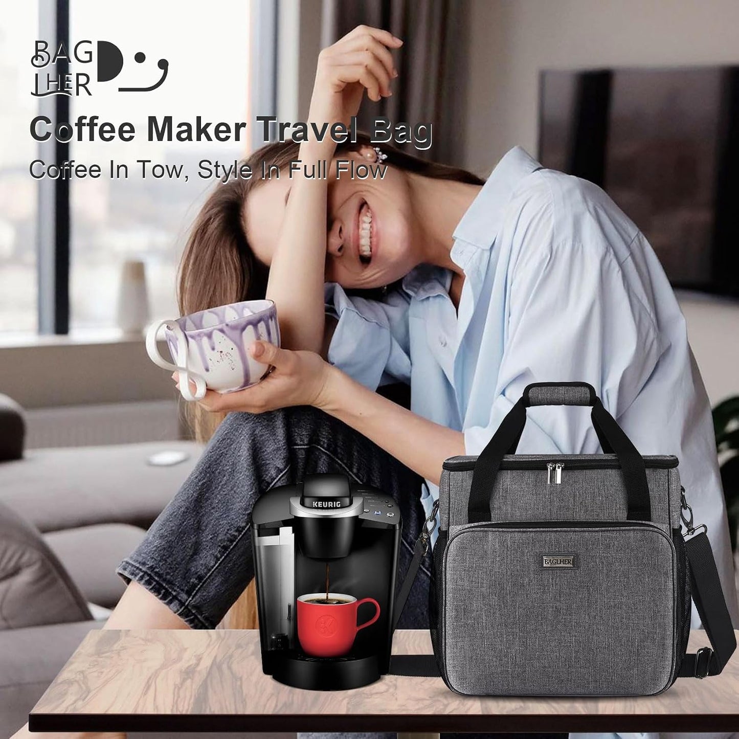 Coffee Maker Travel Bag Compatible with Keurig K-Slim, Keurig K-Supreme or Other Accessories, Portable Coffee Maker Case with Shoulder Strap for Travel, Grey
