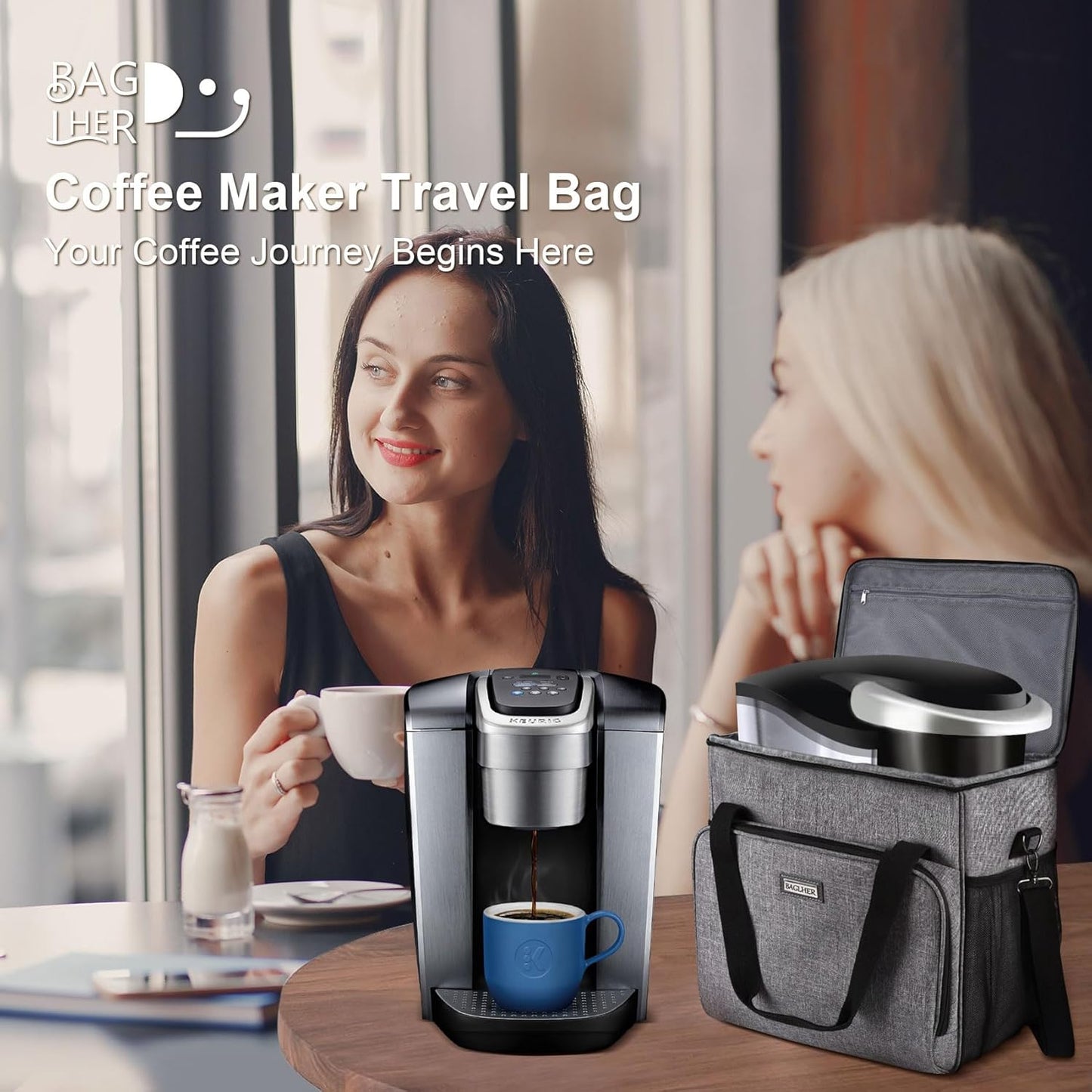 Coffee Maker Travel Bag Compatible with Keurig K-Slim, Keurig K-Supreme or Other Accessories, Portable Coffee Maker Case with Shoulder Strap for Travel, Grey