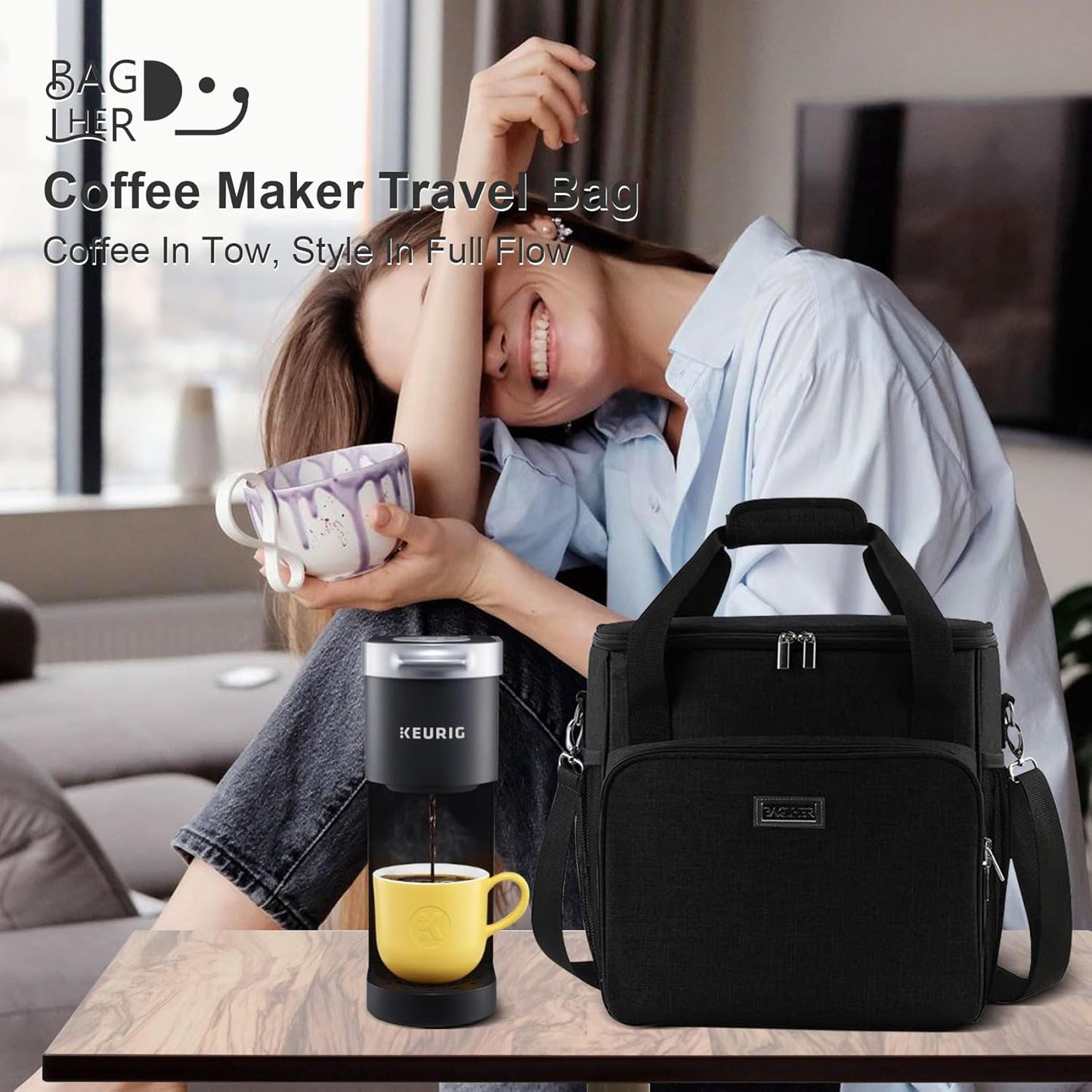 Coffee Maker Travel Bag Compatible with Keurig K-Slim, Keurig K-Supreme or Other Accessories, Portable Coffee Maker Case with Shoulder Strap for Travel, Grey