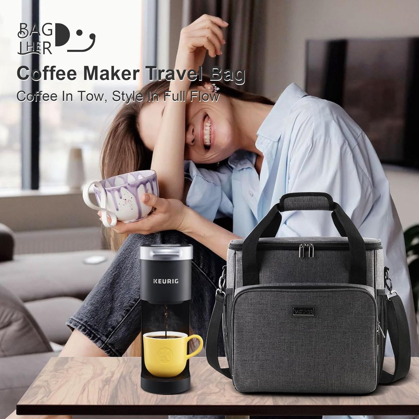 Coffee Maker Travel Bag Compatible with Keurig K-Slim, Keurig K-Supreme or Other Accessories, Portable Coffee Maker Case with Shoulder Strap for Travel, Grey