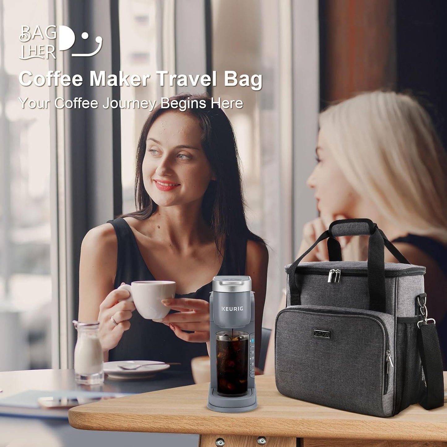 Coffee Maker Travel Bag Compatible with Keurig K-Slim, Keurig K-Supreme or Other Accessories, Portable Coffee Maker Case with Shoulder Strap for Travel, Grey