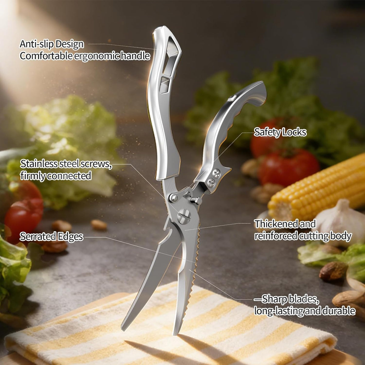 Heavy Duty Stainless Steel Kitchen Scissors, Multi-functional Poultry Shears, Ultra Sharp Easy to Clean Meat Scissors for Chicken, Bone, Meat, Fish, Vegetables & Fruits (A)