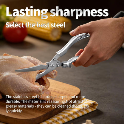 Heavy Duty Stainless Steel Kitchen Scissors, Multi-functional Poultry Shears, Ultra Sharp Easy to Clean Meat Scissors for Chicken, Bone, Meat, Fish, Vegetables & Fruits (A)
