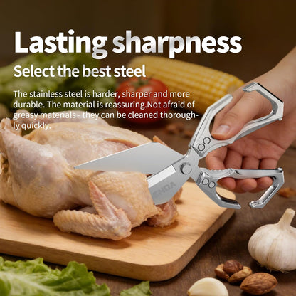 Heavy Duty Stainless Steel Kitchen Scissors, Multi-functional Poultry Shears, Ultra Sharp Easy to Clean Meat Scissors for Chicken, Bone, Meat, Fish, Vegetables & Fruits (A)