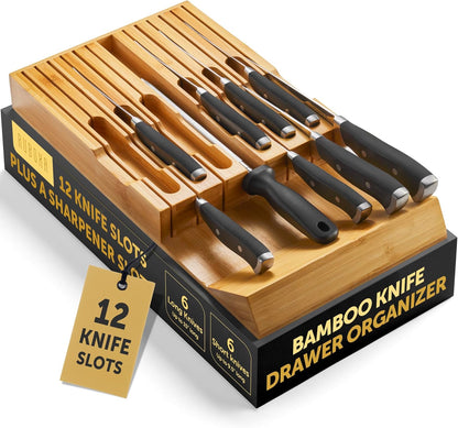 High-Grade 100% Bamboo Knife Drawer Organizer - 12 Slots Plus Sharpener, Secure, Practical, Eco-Friendly Knife Block