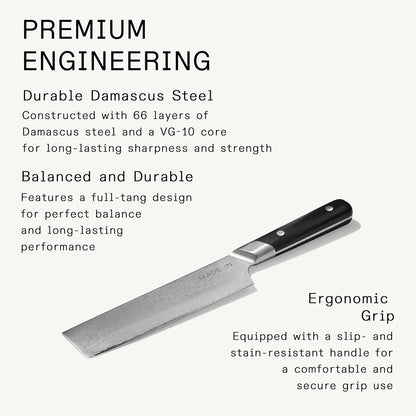 Cookware - 6" Japanese Damascus Steel Nakiri Knife - 66 Layers of Damascus Steel with a VG-10 Core - Crafted in Japan - Full Tang With Black POM Handle
