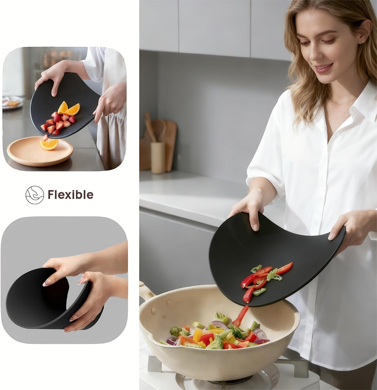 Rubber Cutting Board, TPU Cutting Mats for Kitchen, Thin Cutting Boards Plastic Flexible, Unique D Shape Black, Non-Slip Kitchen Cutting Boards, Dishwasher Safe, BPA Free,(1PC, Black-D Shape)