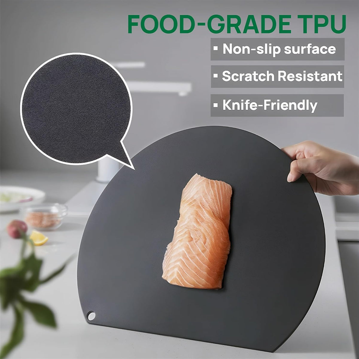 Rubber Cutting Board, TPU Cutting Mats for Kitchen, Thin Cutting Boards Plastic Flexible, Unique D Shape Black, Non-Slip Kitchen Cutting Boards, Dishwasher Safe, BPA Free,(1PC, Black-D Shape)