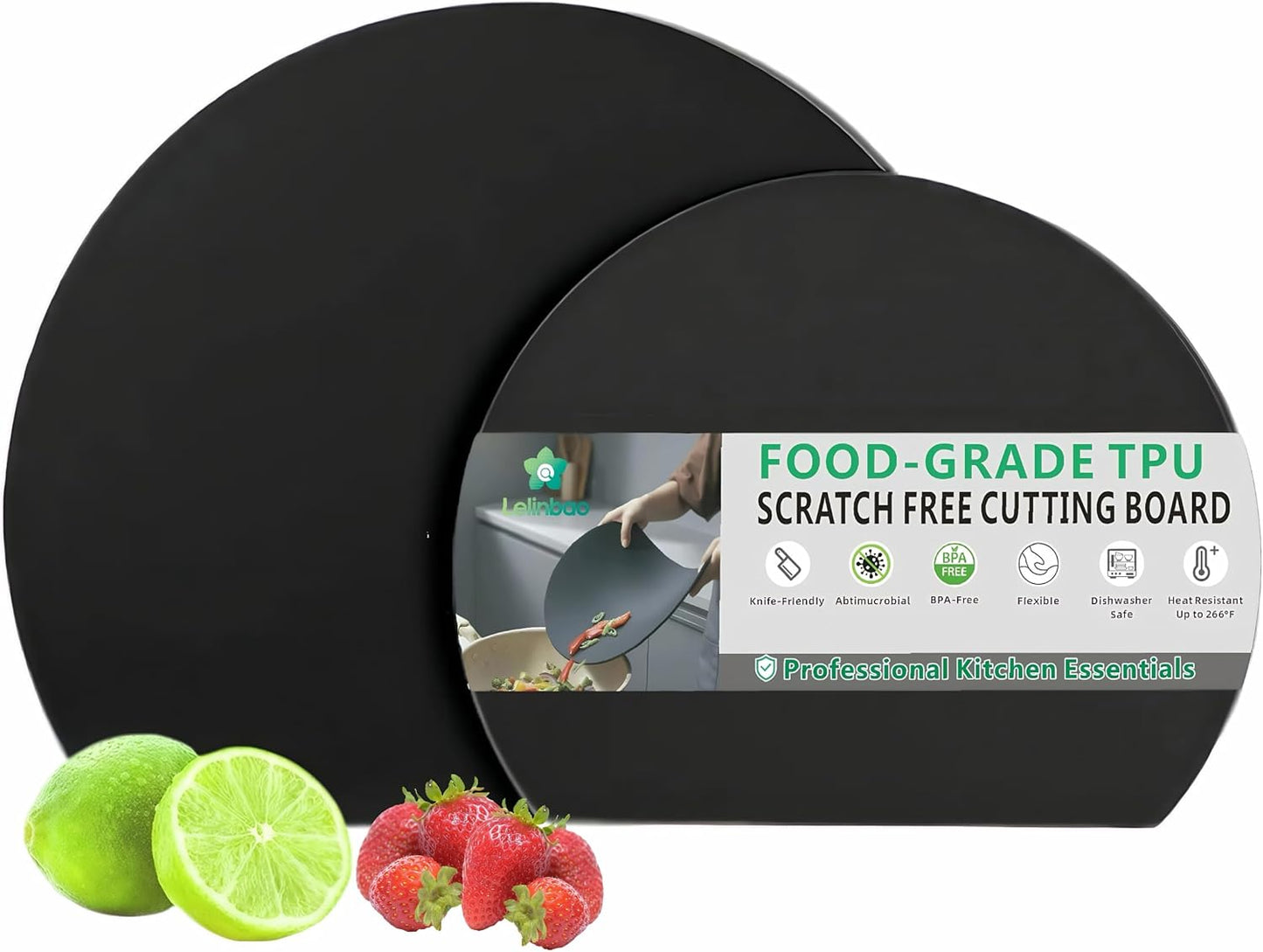 Rubber Cutting Board, TPU Cutting Mats for Kitchen, Thin Cutting Boards Plastic Flexible, Unique D Shape Black, Non-Slip Kitchen Cutting Boards, Dishwasher Safe, BPA Free,(1PC, Black-D Shape)
