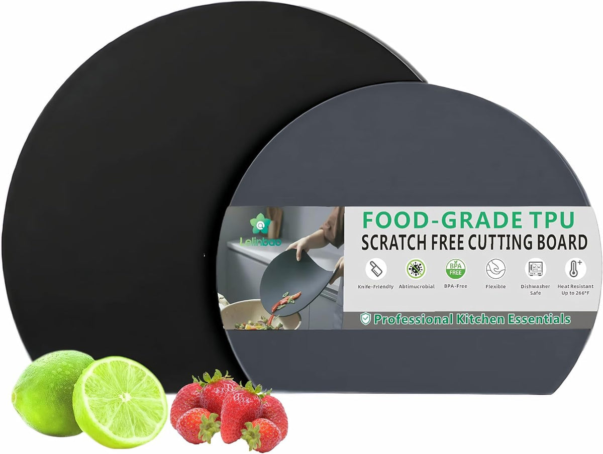 Rubber Cutting Board, TPU Cutting Mats for Kitchen, Thin Cutting Boards Plastic Flexible, Unique D Shape Black, Non-Slip Kitchen Cutting Boards, Dishwasher Safe, BPA Free,(1PC, Black-D Shape)