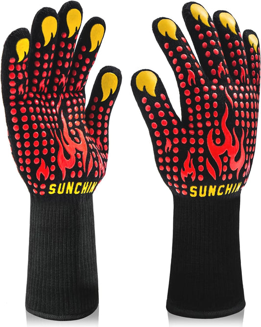 BBQ Fireproof Gloves, Grill Cut-Resistant 1472°F Heat Resistant Gloves, Non-Slip Silicone Oven Gloves, Kitchen Safe Cooking Gloves for Oven Mitts,Barbecue,Cooking, Frying,13 Inch 2pc
