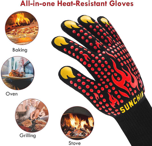 BBQ Fireproof Gloves, Grill Cut-Resistant 1472°F Heat Resistant Gloves, Non-Slip Silicone Oven Gloves, Kitchen Safe Cooking Gloves for Oven Mitts,Barbecue,Cooking, Frying,13 Inch 2pc