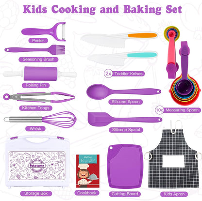 37PCS Kids Cooking Sets Real, Kids Cooking and Baking Gift Set with Storage Case Timer Kid Safe Knives Cutting Board, Toddler Real Kitchen Accessories, Birthday Gifts for Girls & Boys Age 3 - 8
