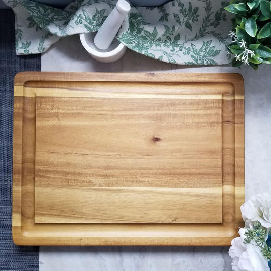 1250 Acacia 1 1/2" Thick Carving Board with Deep Well and Inset Handles for Cutting or Serving Meat, 20" x 15" x 1 1/2"