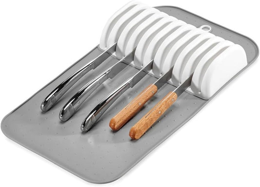11 Slot Knife Drawer Organizer Tray – Slim In-Drawer Knife Holder Insert with Non-Slip Mat, Compact Kitchen Knife Storage (Gray & White)