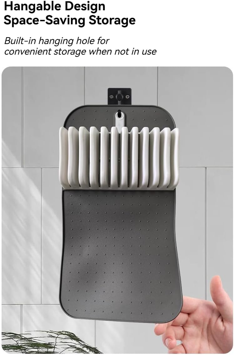 11 Slot Knife Drawer Organizer Tray – Slim In-Drawer Knife Holder Insert with Non-Slip Mat, Compact Kitchen Knife Storage (Gray & White)