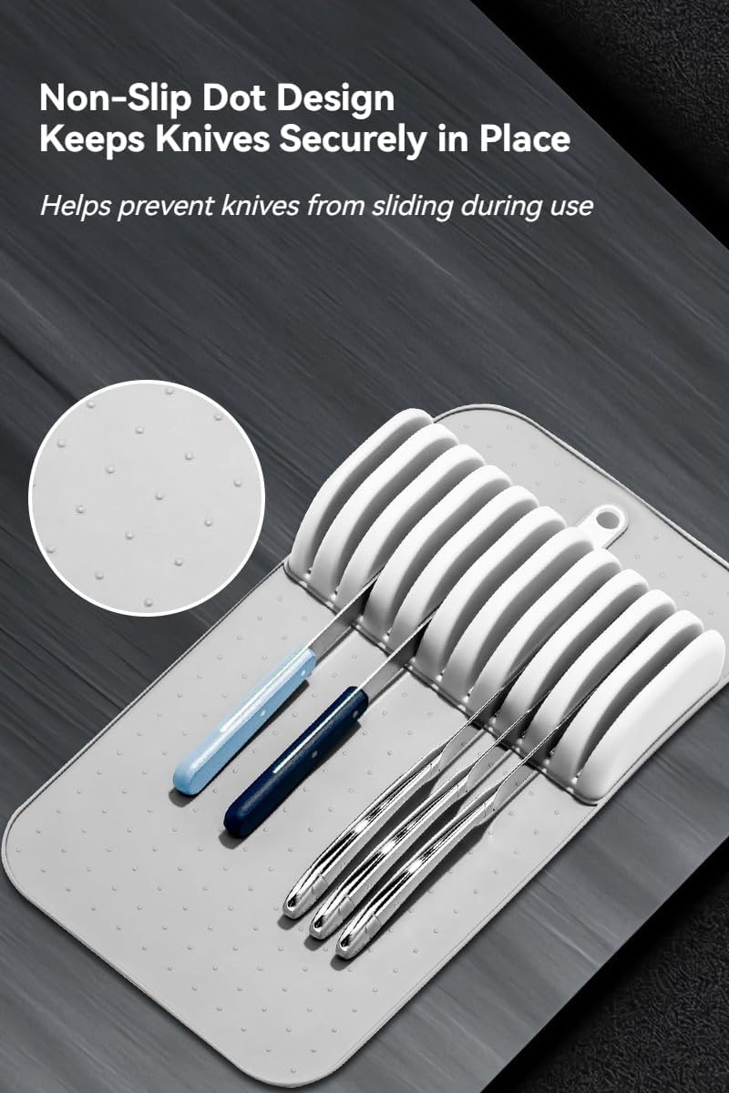 11 Slot Knife Drawer Organizer Tray – Slim In-Drawer Knife Holder Insert with Non-Slip Mat, Compact Kitchen Knife Storage (Gray & White)