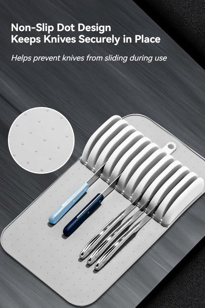 11 Slot Knife Drawer Organizer Tray – Slim In-Drawer Knife Holder Insert with Non-Slip Mat, Compact Kitchen Knife Storage (Gray & White)