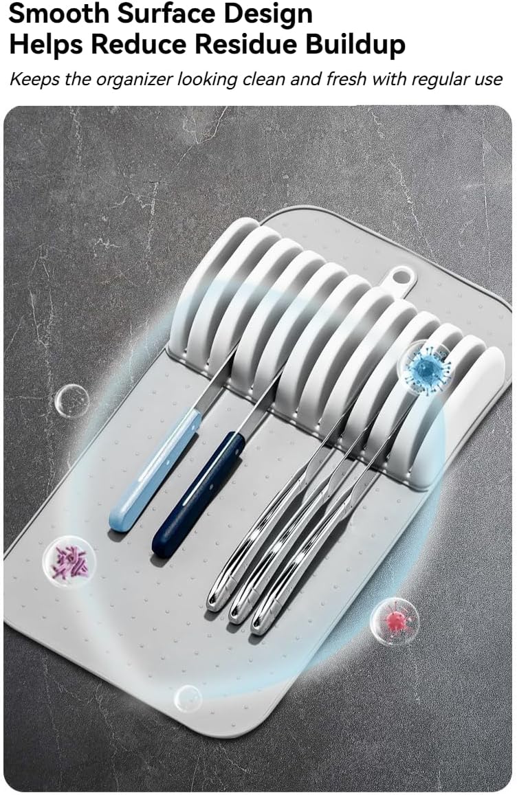 11 Slot Knife Drawer Organizer Tray – Slim In-Drawer Knife Holder Insert with Non-Slip Mat, Compact Kitchen Knife Storage (Gray & White)